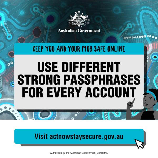 Blue background with text saying "Use different strong passphrases for every account"