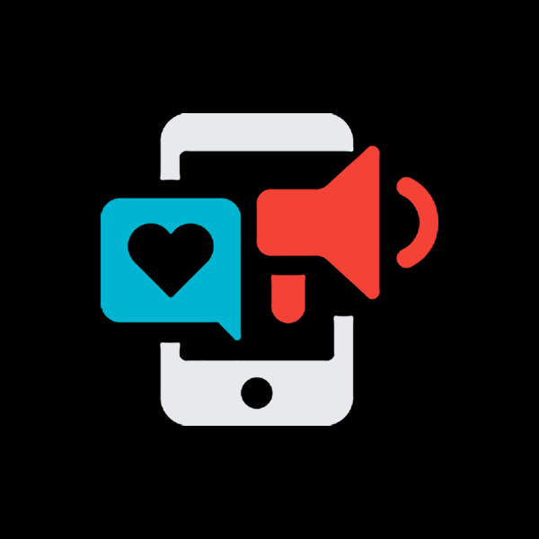 Icon graphic of a blue speech bubble with a heart cutout and a red megaphone laid over the top of a smartphone outline in white